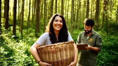 Donna con cesto raccoglie erbe in una foresta, uomo annota dati sullo sfondo